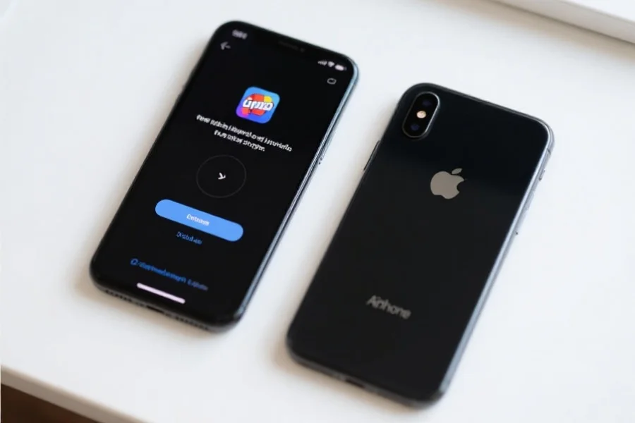 一部安卓和一部iPhone手机并排放置，屏幕显示正在安装同一款娱乐类应用，桌面整洁明亮